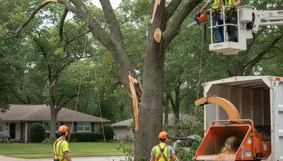 Emergency tree service crew in Bellevue, NE clearing storm-damaged fallen trees