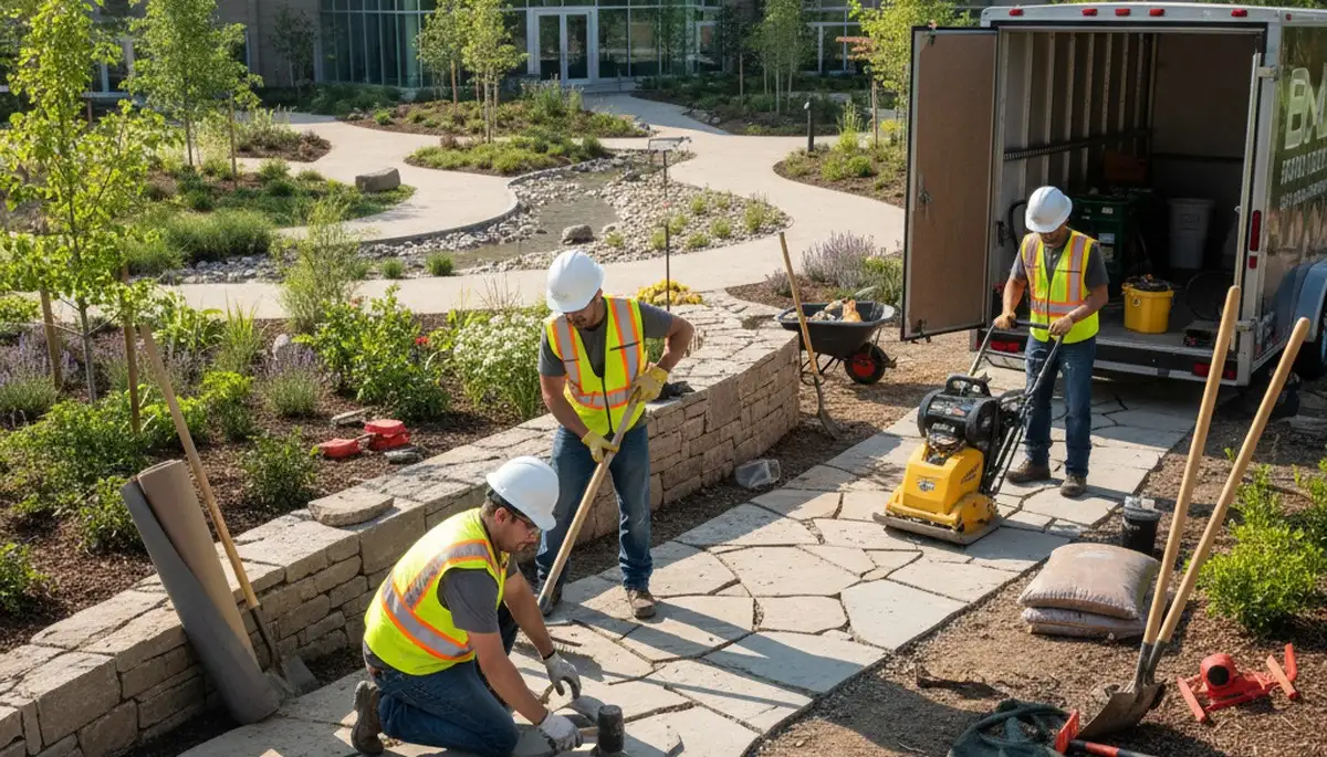 Bellevue, NE tree service team designing a custom landscape for a local home