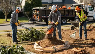 Shrub removal crew clearing overgrown shrubs in Bellevue, NE for a residential property