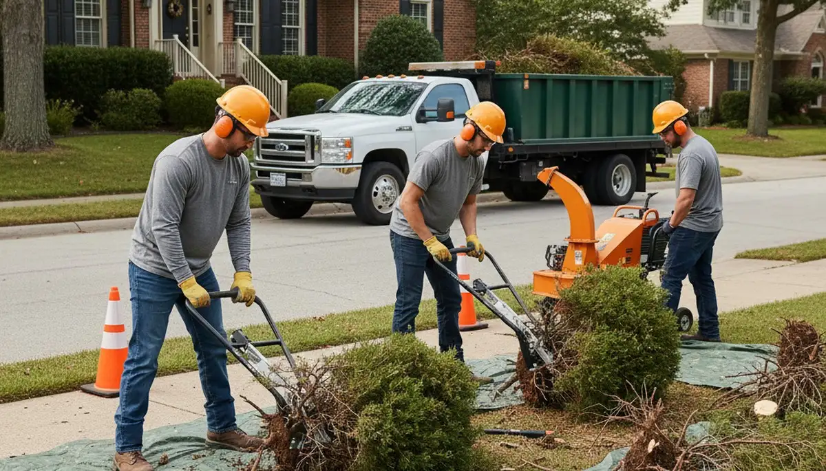 Shrub removal crew clearing overgrown bushes in Bellevue, NE yard for Tree Service Bellevue NE
