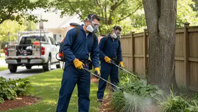 Bellevue, NE technician applying tick control treatment near wooded yard and shaded property edge