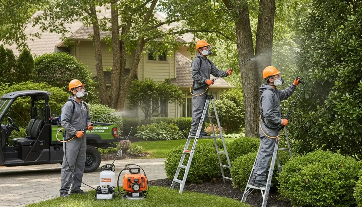 Bellevue, NE tree service technician applying tick control near wooded yard and shaded property edges