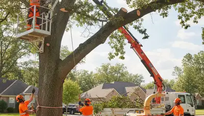 Bellevue, NE tree removal crew safely removing a hazardous tree from a property
