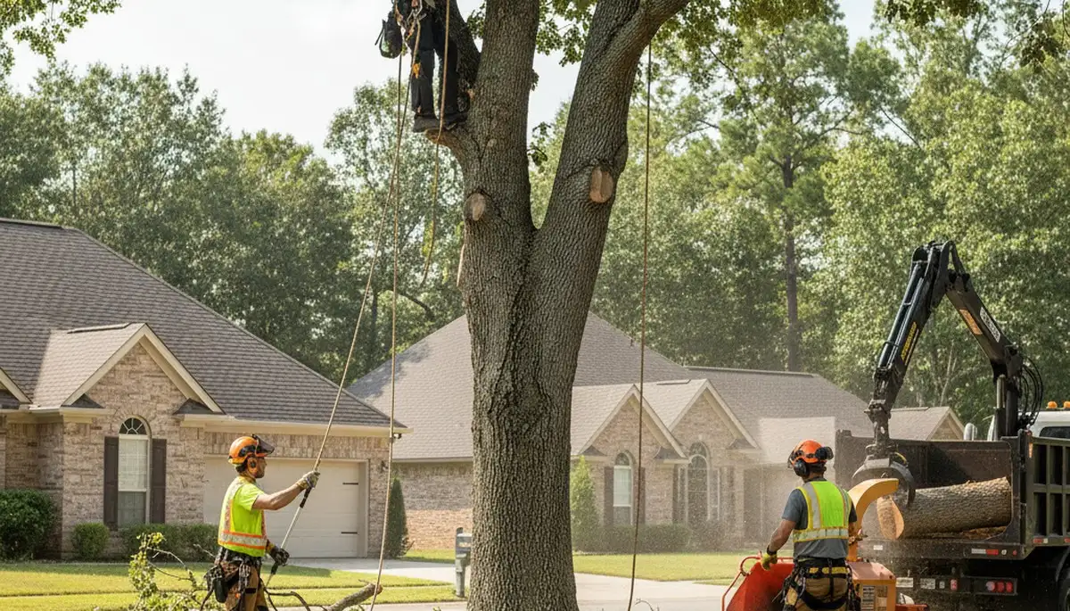 Bellevue, NE tree removal crew safely removes a hazardous tree from a residential property