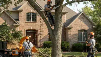 Bellevue, NE tree service crew trimming and removing trees for residential and commercial properties